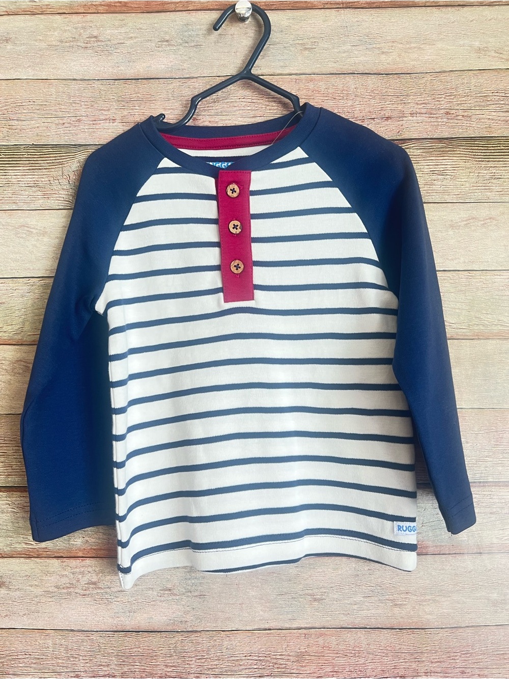 Striped Navy & White Long Sleeve Tee with Red Button Placket